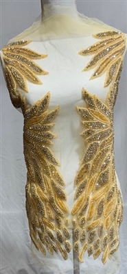 RHS-BOD-W082-GOLD. Gold Crystal Rhinestone Bodice with Gold Beads on a Shear Gold Tulle- 17" x 27"