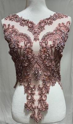 RHS-BOD-WA069-DUSTYROSE. Rose Crystal Rhinestone Bodice with Rose Beads And Dusty Rose Embroidery on a Shear Dusty Rose Tulle- 24" x 16".