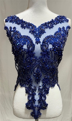 RHS-BOD-WA069-SAPPHIRE. Sapphire Crystal Rhinestone Bodice with Royal Blue Beads And Royal Blue Embroidery on a Shear Royal Blue Tulle- 24" x 16".