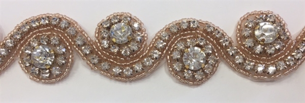 RHS-TRM-1152-GOLD. HOT FIX IRON-ON CLEAR CRYSTAL RHINESTONE TRIM WITH ROSE GOLD BEADS - 1.5 INCH WIDE