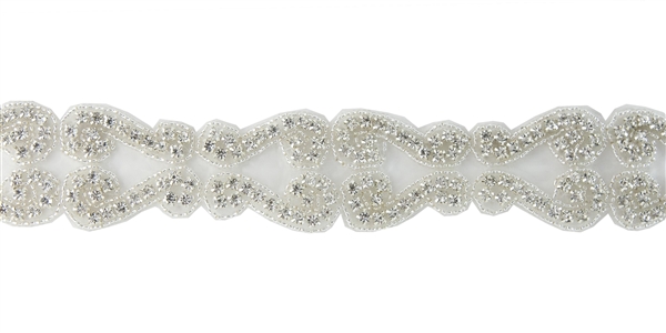 RHS-TRM-1302-SILVER.  CRYSTAL RHINESTONE TRIM - 1.5 INCHES WIDE - REPEAT LENGTH 3 INCHES