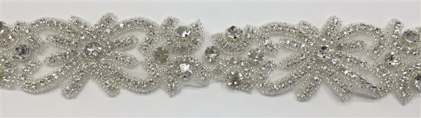 RHS-TRM-1362-SILVER.  CRYSTAL RHINESTONE TRIM - 2 INCHES WIDE - REPEAT LENGTH 6 INCHES