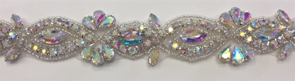 RHS-TRM-1805-AB. Hot-Fix, Sew-On Rhinestone Trim - AB Crystal Rhinestones with Silver Beads - 1.5 Inch Wide - Perfect for Sashes and Belts, Head-Bands, and Costumes