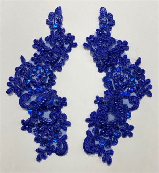 APL-BED-107-ROYALBLUE-PAIR. Beaded Applique - 9.5 x 3 Inch - A Pair