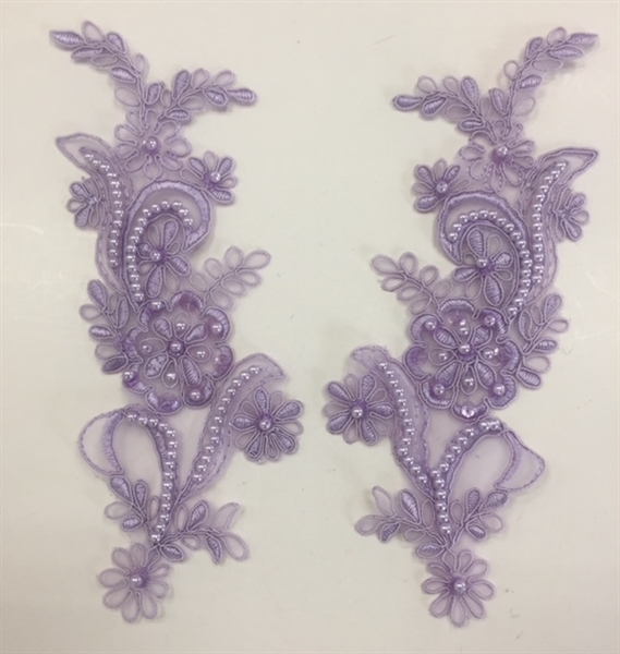 APL-BED-108-LILAC-PAIR. Beaded Applique - Lilac - 9.x 3 Inch - A Pair