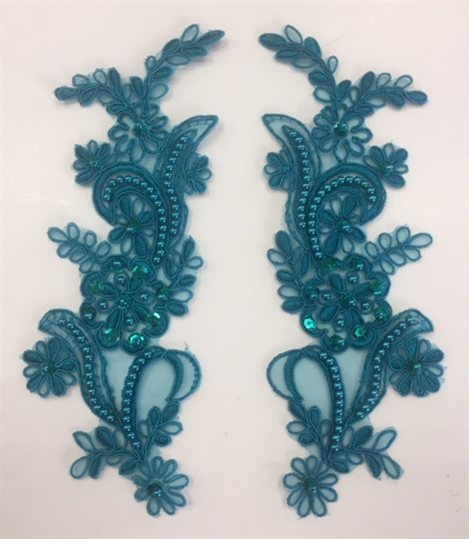 APL-BED-108-TEAL-PAIR. Beaded Applique - Teal- 9 x 3 Inch - A Pair
