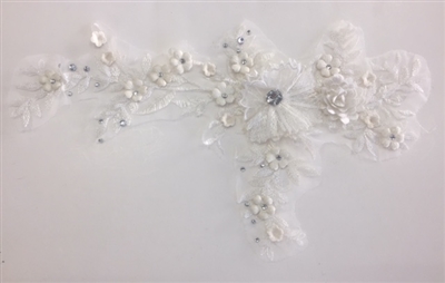 APL-BED-109-OFFWHITE. Embroidered Beaded Applique with Rhinestone and Sequin on Net. - Off-White - 14" x 8"