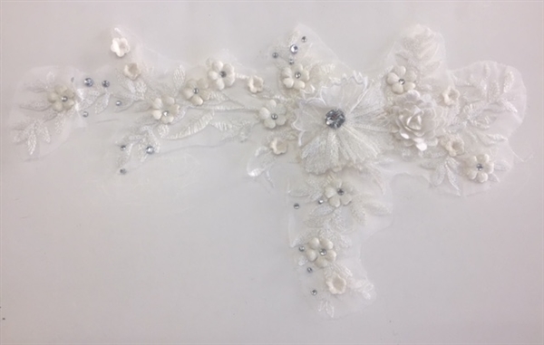 APL-BED-109-OFFWHITE. Embroidered Beaded Applique with Rhinestone and Sequin on Net. - Off-White - 14" x 8"