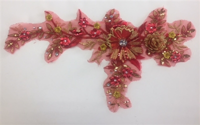 APL-BED-109-RED. Embroidered Beaded Applique with Rhinestone and Sequin on Net. - Red - 14" x 8"
