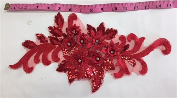 APL-BED-115-RED.  Beaded Applique with Rhinestone and Sequin on Net.  - Red - 16" x 7"