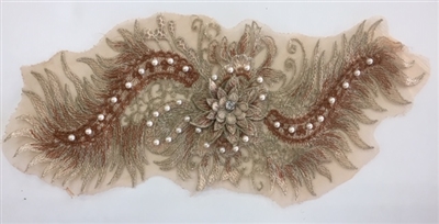 APL-BED-116-BROWN. Beaded Applique with Pearls on Net. - Brown - 15.5" x 6.5" - Each $6