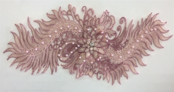 APL-BED-116-COPPER. Beaded Applique with Pearls on Net. - Copper- 15.5" x 6.5" - Each $6