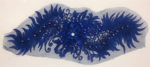 APL-BED-116-ROYALBLUE. Beaded Applique with Pearls on Net. - Royal Blue- 15.5" x 6.5" - Each $6