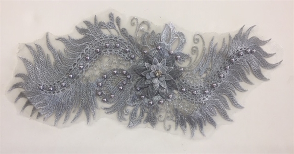 APL-BED-116-SILVER. Beaded Applique with Pearls on Net. - Silver- 15.5" x 6.5" - Each $6