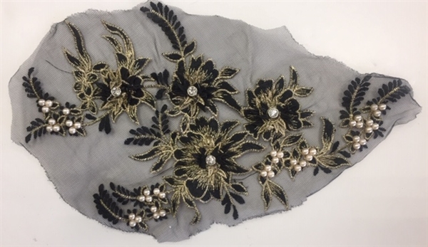 APL-BED-117-GOLDBLACK. Beaded Applique with Rhinestones on Net. - Gold Black - 13.5" x 8" - Each $6