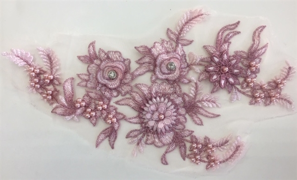 APL-BED-117-PINK. Beaded Applique with Rhinestones on Net. - Pink - 13.5" x 8" - Each $6