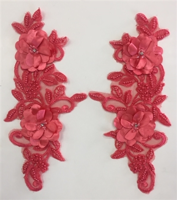 APL-BED-120-CORAL-PAIR-3D. Pair of Beaded Appliques - 3D on Net. - CORAL- 14.5" x 4.5" - Pair $7
