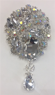 BRO-RHS-265-ABSILVER. Clear and AB Rhinestones on Silver Metal Broach - 2.5 x 4.5 Inches