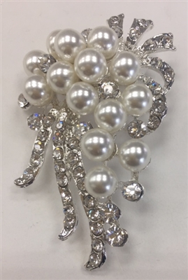 BRO-RHS-268-SILVER. Clear Rhinestones and Pearls on Silver Metal Broach - 1.5 x 2.5 Inches