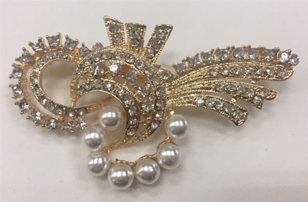 BRO-RHS-269-GOLD. Clear Rhinestones and Pearls on Gold Metal Brooch - 1.5 x 3 Inches