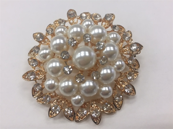 BRO-RHS-277-GOLD. Clear Rhinestones and White Pearls on Gold Metal Brooch - 2 x 2 Inches
