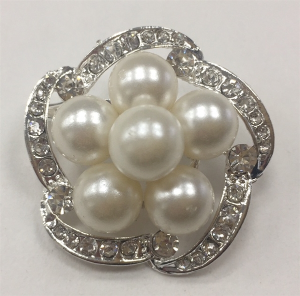 BRO-RHS-282-SILVER. Clear Rhinestones and White Pearls on Silver Metal Brooch - 1.5 x 1.5 Inches