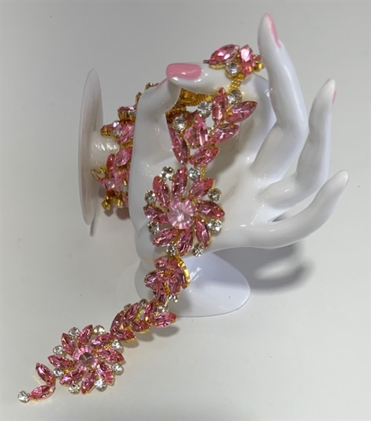 CHN-RHS-051-PINKGOLD.  Pink Crystal Rhinestones on Gold Metal Chain - 1.5 Inch Wide