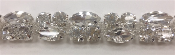 CHN-RHS-057-SILVER. Clear Crystal Rhinestone Chain - Clear Crystals Set in a Silver Claw on a Silver Metal Backing - 1/2 Inch Wide
