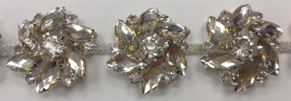 CHN-RHS-063-SILVER. Clear Crystal Rhinestone Chain - Clear Crystals Set in Silver Claws on a Silver Metal Backing - 1.25 Inch Wide