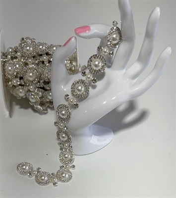 CHN-RHS-090-SILVERPEARL. Clear Crystal Rhinestones With White Pearls on Silver Metal Chain - 3/4 Inch Wide