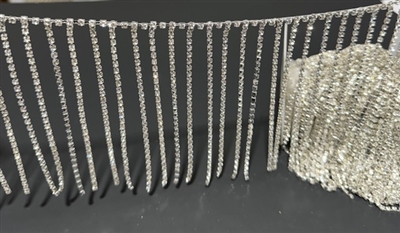 CHN-RHS-098-SILVERFRINGE. Clear Crystal Rhinestones on Silver Metal Chain As Fringe - 5 Inch Wide