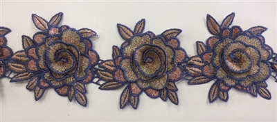 FLR-TRM-101-GREY. Sew-On Floral Embroidery Trim - Exquisite Live Colors with Raised 3-Dimensional Flowers - Sold By The Yard. 3 Inch Wide