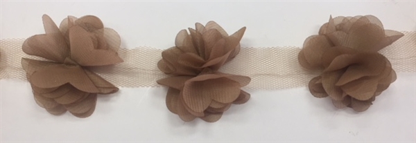 FLR-TRM-102-BROWN. Flower Trim - Exquisite Live Colors with Raised 3-Dimensional Flowers - Price Per Yard. 2 Inch Wide