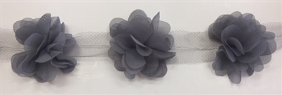 FLR-TRM-102-GREY. Flower Trim - Exquisite Live Colors with Raised 3-Dimensional Flowers - Price Per Yard. 2 Inch Wide