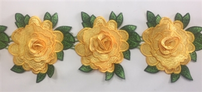 FLR-TRM-103-YELLOW. Flower Trim - Exquisite Live Colors with Raised 3-Dimensional Flowers - Price Per Yard:  $7. 4.5 Inch Wide