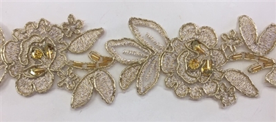 LNS-BBE-179-ANTIQUEGOLD.  BRIDAL BEADED LACE - ANTIQUE GOLD - METALLIC BORDERS - 2.0 INCHES WIDE