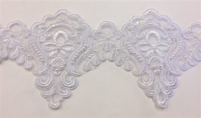 LNS-BBE-226-WHITE. Bridal Lace with Exquisite Embroideries and White Pearls - White - 5 Inch Wide