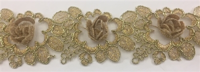 LNS-BBE-263-GOLD.  Gold Bridal Lace with 3-Dimensional Rosettes - 2 Inch Wide - Sold By the Yard