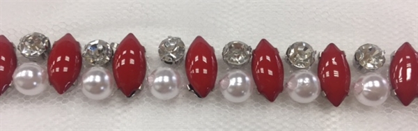 LNS-BED-146-RED.  Beaded Trim with Beautifully Arranged Red Acrylic Stones, White Pearls, and Clear Crystals On White Mesh - Sold By the Yard - 0.5 Inches Wide