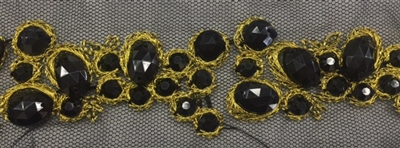 LNS-BED-156-BLACKGOLD.  Beaded Trim with Beautifully Arranged Black Beads on a Black Mesh - Sold By the Yard - 1.5 Inch Wide