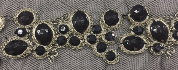 LNS-BED-156-BLACKSILVER.  Beaded Trim with Beautifully Arranged Black Beads on a Black Mesh - Sold By the Yard - 1.5 Inch Wide