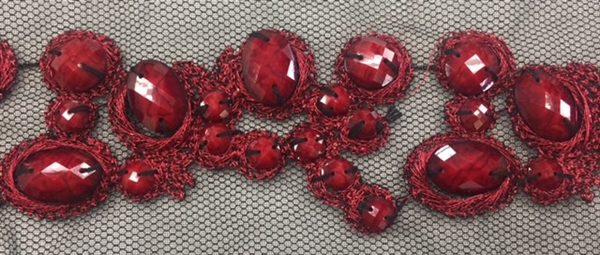 LNS-BED-156-RED.  Beaded Trim with Beautifully Arranged Red Beads on a Black Mesh - Sold By the Yard - 1.5 Inch Wide