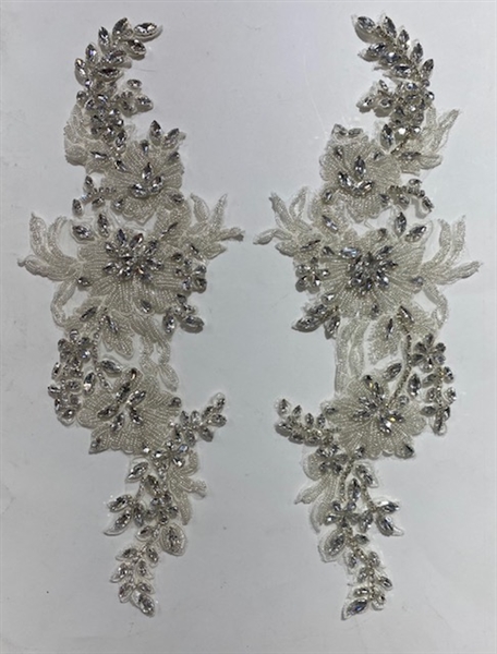 RHS-APL-014-SILVER-PAIR. Sew-On Clear Crystal Rhinestone Applique for Bridal Gowns - 16 X 5.5 Inches - One Pair. Made with high quality clear crystals sewn on a white fabric mesh.