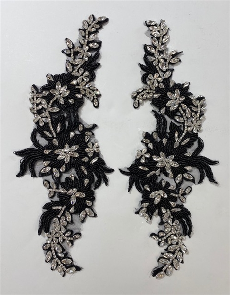 RHS-APL-020-BLACK-PAIR. Sew-On Clear Crystal Rhinestone Applique with Black Beads on net for Bridal Gowns or Costumes - 16 X 5.5 Inches - One Pair. Made with high quality clear crystals sewn on a black fabric mesh.