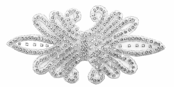 RHS-APL-158-SILVER.  CRYSTAL RHINESTONE APPLIQUE WITH SILVER BEADS - 8" X 4"