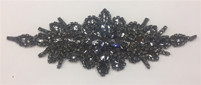 RHS-APL-422-BLACKBLACK.  Black Crystal Rhinestone Applique - 9" x 3" - Black Crystals on Black Metal Backing