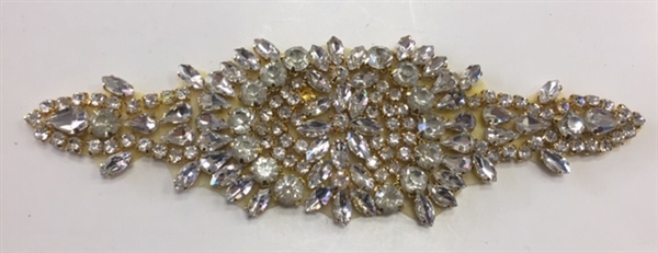 RHS-APL-853-GOLD.  Hot Fix / Sew-On Clear Crystal Rhinestone Applique - Gold Beads - 7 X 2 Inches