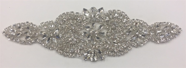RHS-APL-916-SILVER.   Hot-Fix and Sew-On Clear Crystal Rhinestone Applique - With Silver Beads and Clear Crystals - 8 x 2.5 Inches