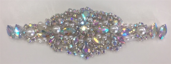 RHS-APL-921-AB.   Hot-Fix and Sew-On AB Crystal Rhinestone Applique - With Pearls, Silver Beads and AB Crystals - 6 x 2 Inches