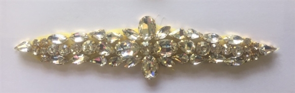 RHS-APL-922-GOLD. Hot-Fix and Sew-On Clear Crystal Rhinestone Applique - With Gold Beads and Clear Crystals - 7.5 x 2 Inches. Can be Used for Making Belts, Sashes, Head-Bands, Party Dresses and Costumes.